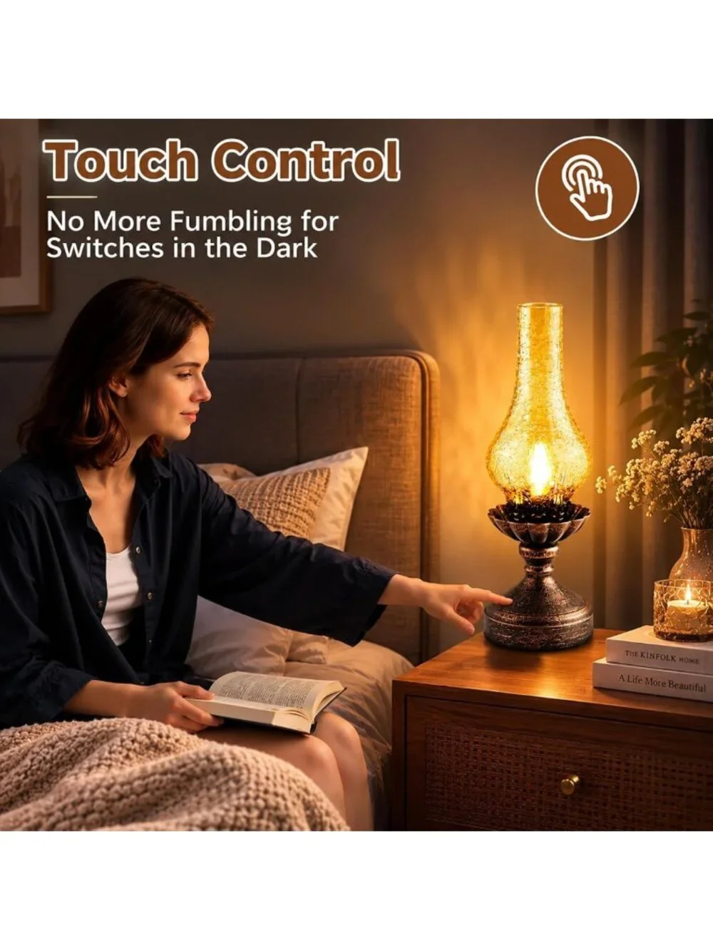 Rustic Vintage Touch Control Table Lamp, 3-Way Dimmable Amber Glass Shade for